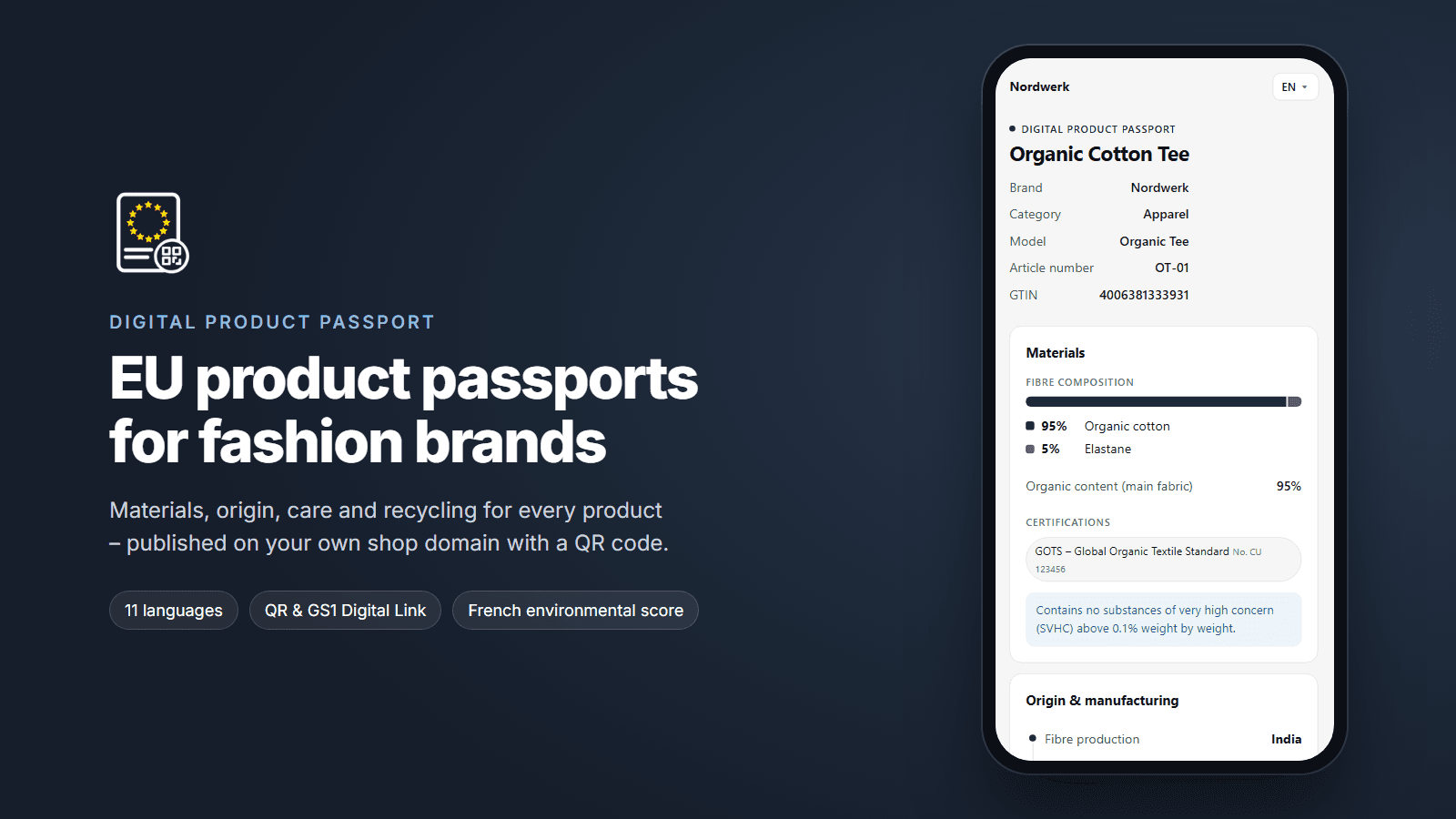 Digital Product Passport for an organic cotton tee on a phone: brand, GTIN, fibre composition, organic content, certification and the statement that it contains no substances of very high concern